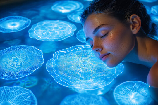 A young woman with her eyes closed gently leans towards glowing bioluminescent jellyfish, immersed in an ethereal underwater atmosphere. - Powered by Adobe