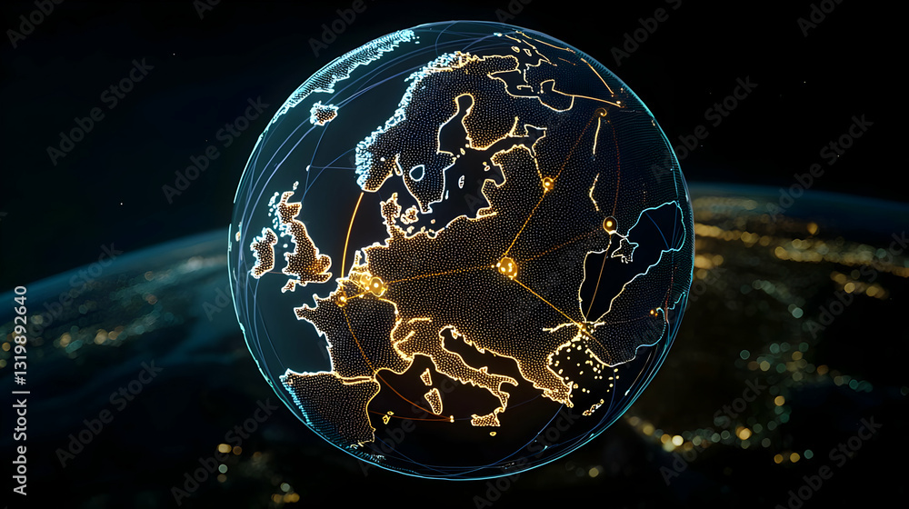 Poster digital globe of europe with illuminated cities and network grid on dark background technology conce