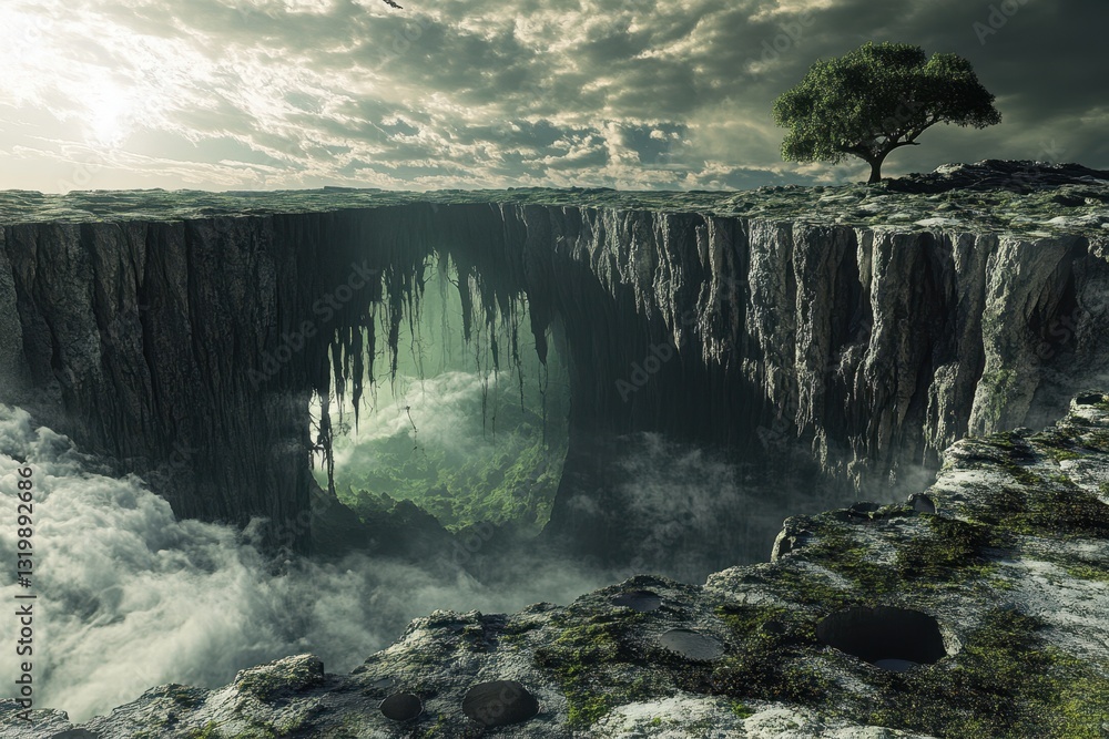 Poster mysterious deep chasm surrounded by clouds and a lone tree on the edge