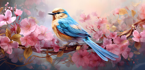 Bird with flowers on a pastel background