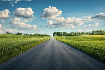 Fototapeta premium Expansive rural road stretches through green fields under a bright sky with fluffy clouds