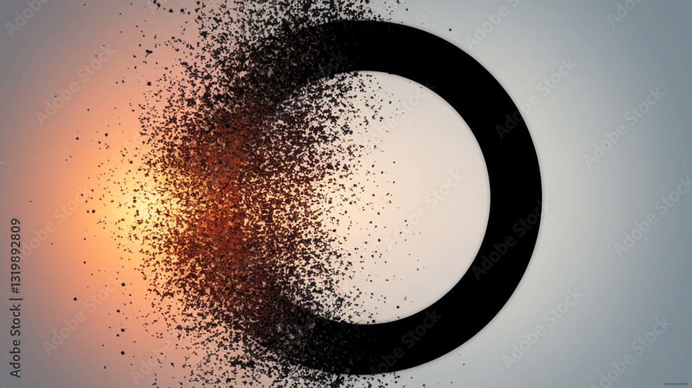 Poster abstract image of dark particles dispersing near a black semicircle against a light background, show