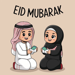 Eid mubarak vector with muslim kids. Happy Eid Mubarak. Muslim Kid Celebrating Eid Mubarak. religious holiday is celebrated by Muslims, Islamic holidays Greeting card. Eid Mubarak Urdu Calligraphy.