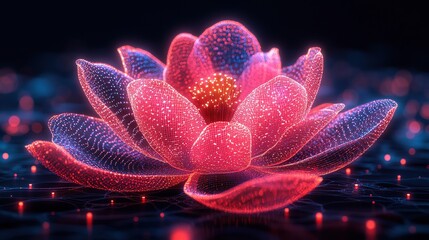 Stunning digital art of a glowing, red and blue lotus flower, intricate details, dark background, vibrant colors, futuristic aesthetic.