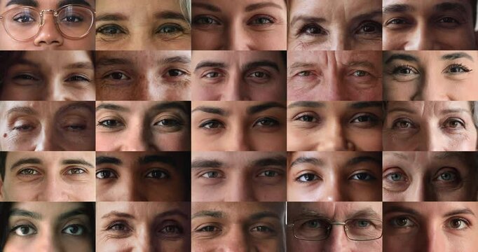 Collage view eyes of various multiethnic people differences in age, gender, skin tones, and complexion smiling, looking at camera, close up cropped front view shots. Human diversity and individuality