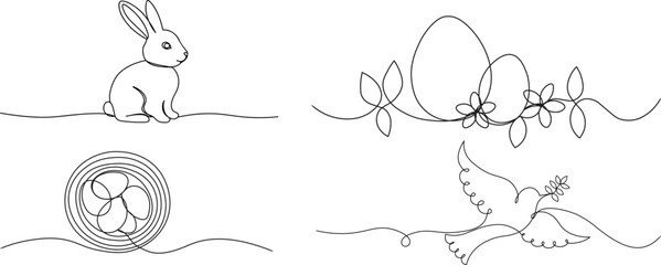 easter line art doodles. eggs with flowers and leaves, rabbit, nest with eggs and dove with olive branch © Angelica