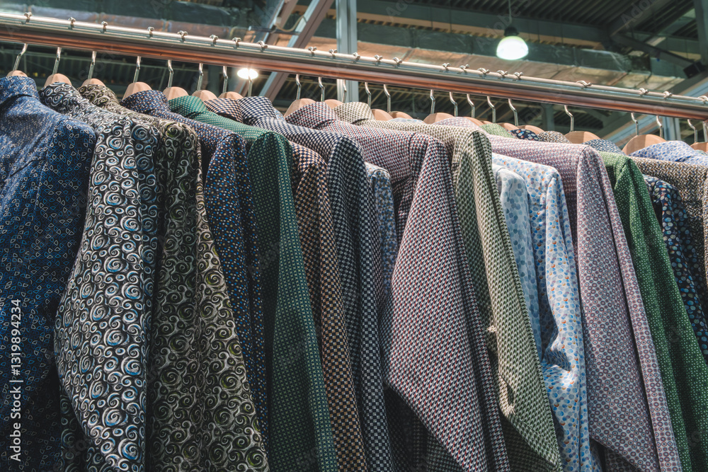 Aufkleber A rack of colorful shirts in a store. The shirts are arranged in a rainbow order, from light to dark. The display is eye-catching and inviting, drawing the attention of potential customers