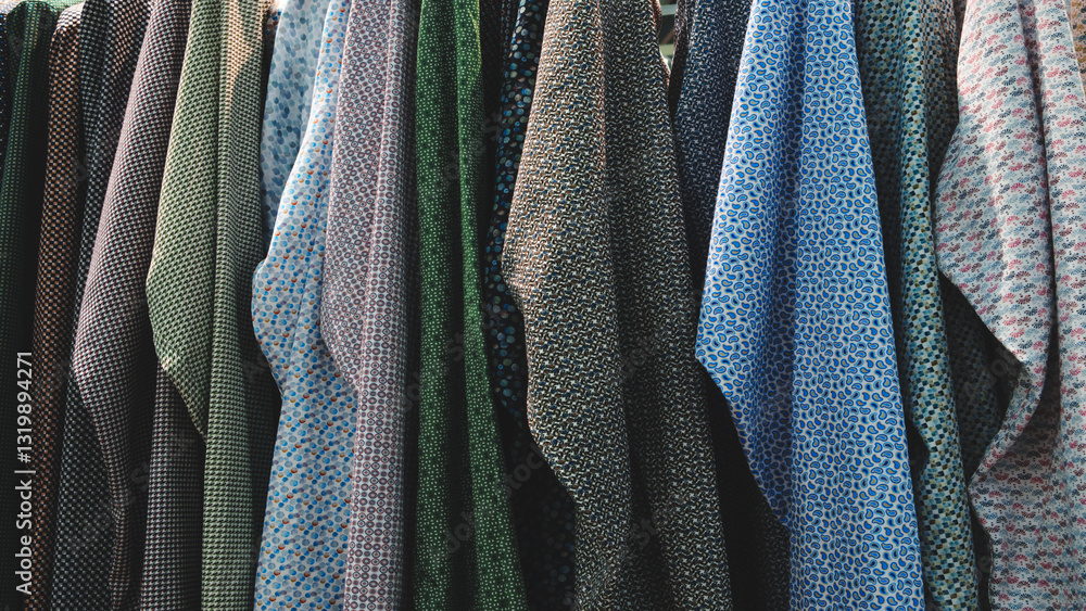 Poster a rack of colorful shirts in a store. the shirts are arranged in a rainbow order, from light to dark