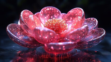 Stunning digital art of a luminous, red glass flower, intricately detailed, glowing from within, sits on a dark reflective surface.