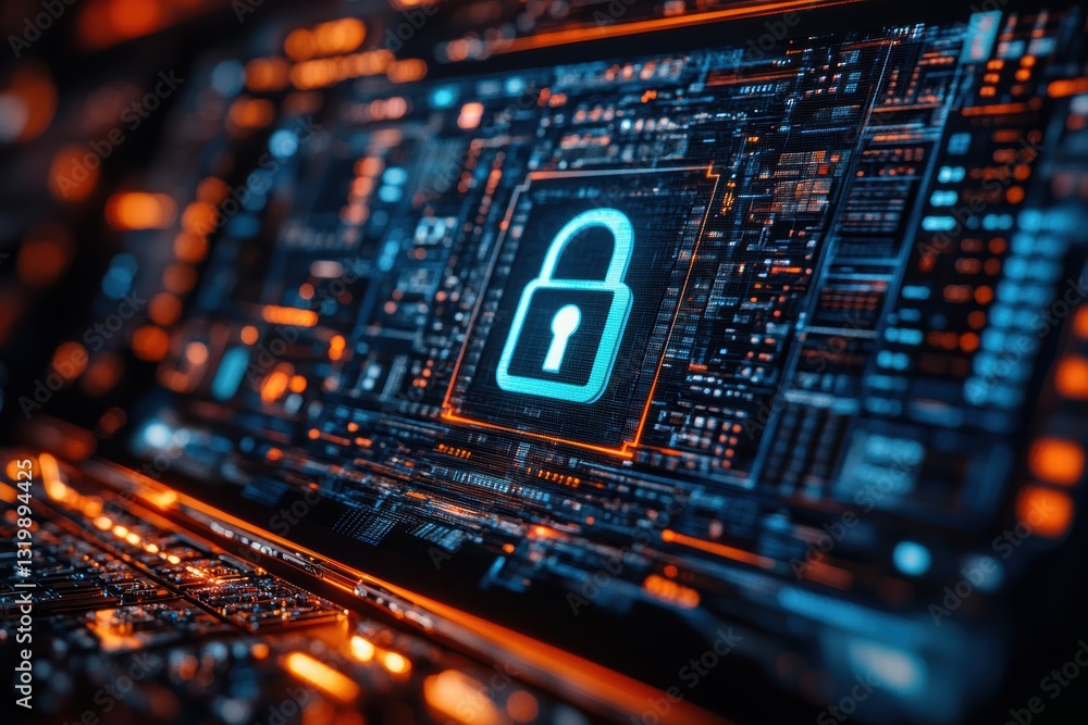 Poster secure digital lock symbol represented on a futuristic screen showcasing data protection features
