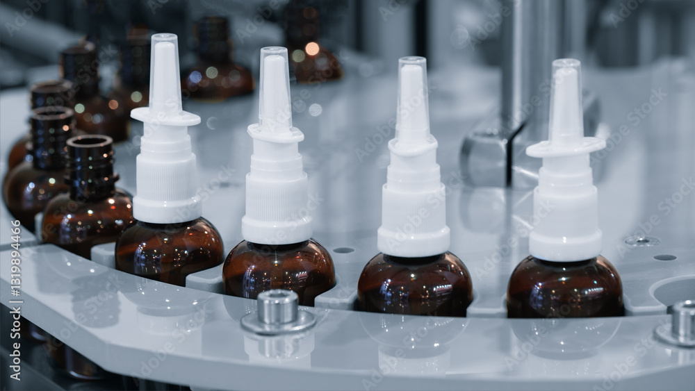 Aufkleber medicine bottles, each with a white cap, are lined up on a manufacturing packaging line. the bottles