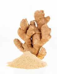 Fresh sliced ​​ginger root - Zingiber officinale powder.