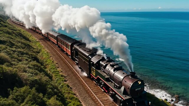 a steam locomotive pulling a train along a dramatic coastal railway. The train moves next to the ocean, with waves crashing against rocky shores on one side and lush green vegetation on the other. Th