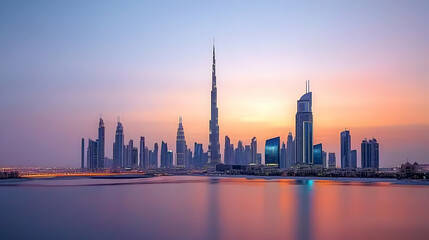 Obraz premium Magnificent Skyline Cityscape Illuminated During Sunset Reflected on Calm Water Surface