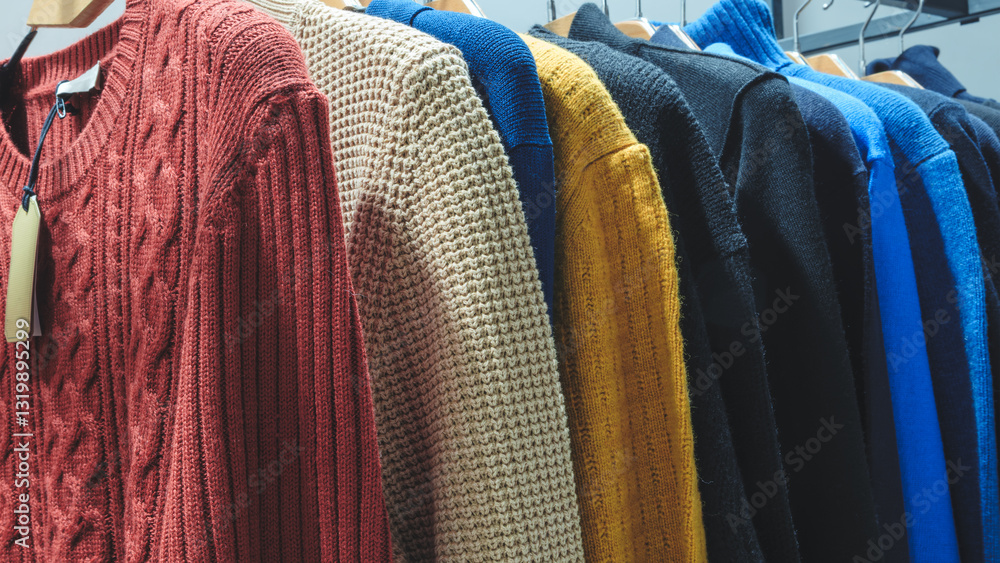 Fototapete a rack of sweaters with a tag on the red one. the sweaters are of different colors and styles