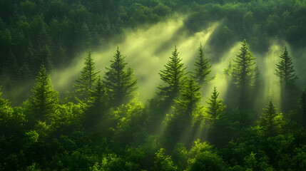 Obraz premium Sunlit Forest With Misty Atmosphere
