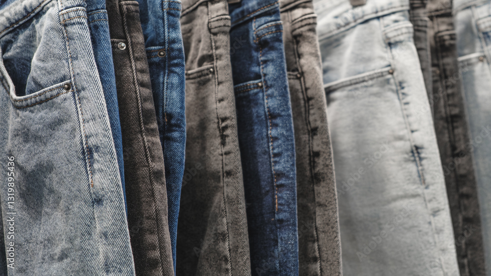 Fototapete a row of jeans hanging on a rack. the jeans are of different colors and styles. concept of variety a
