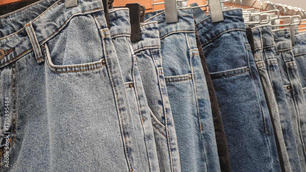 Fototapete a row of jeans hanging on a rack. the jeans are of different colors and styles. concept of variety a