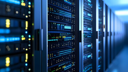 Dark Server Room With Glowing Blue and Green Lights Highlighting Complex Circuitry and Data Storage in Modern Datacenter