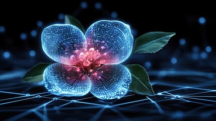 Futuristic glowing flower, digital bloom, network connection, technology and nature, abstract floral art, science fiction, vibrant colors, dark background.