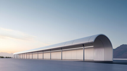 Obraz premium A sleek modern structure standing against a serene backdrop, showcasing minimalist design with smooth lines and a futuristic aesthetic. Ideal for architectural inspiration.