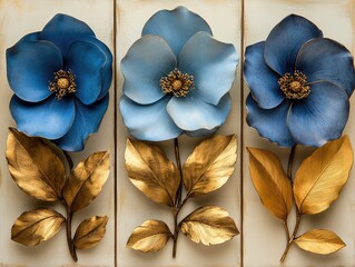 Triptych of blue metal flowers with gold leaves, on a white background. Elegant floral wall art ideal for home decor or luxury branding.