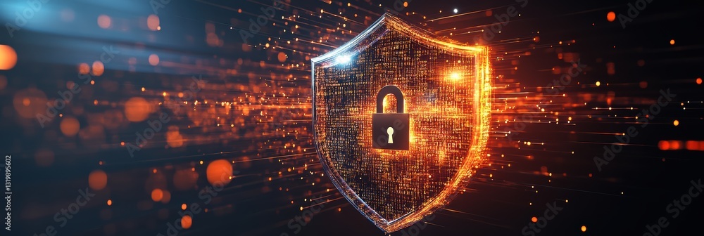 Poster digital code streams through a security shield symbolizing cyber protection