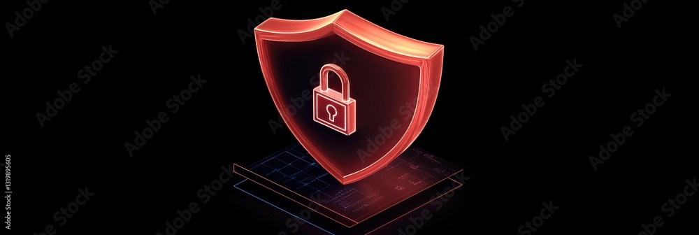 Poster digital icon representing a shield with a lock symbolizing cyber security and data protection