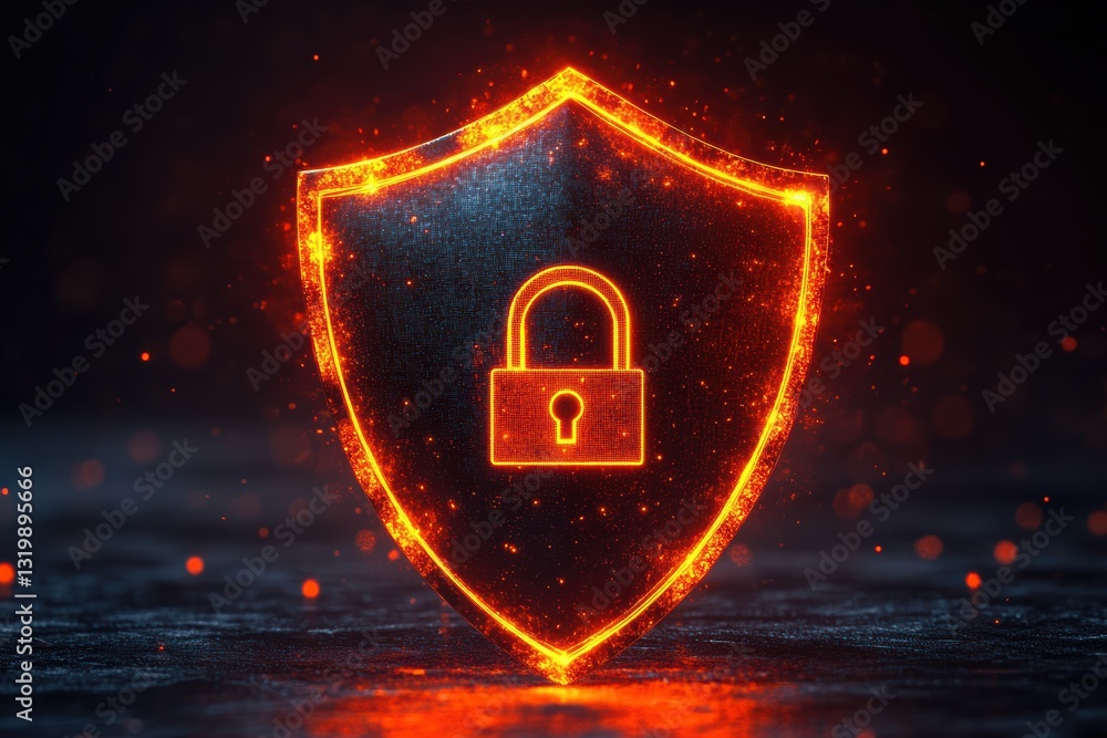 Poster digital icon of a shield with a lock symbolizing cyber security and data protection