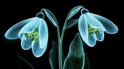 Glowing snowdrop flowers, vibrant teal, 3D render, dark background, botanical beauty, digital art, nature.