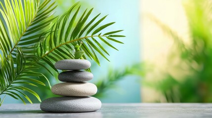 Obraz premium Tranquil Zen Stones Stacked with Green Leaves for Relaxation and Peace