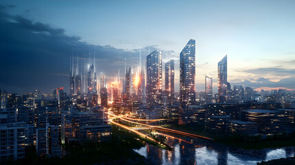 Naklejka premium Futuristic Cityscape At Night With Illuminated Skyscrapers And River Reflecting City Lights In Pixel Art Style