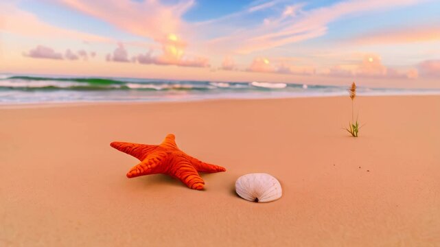 Starfish and shell resting on tropical beach at sunset