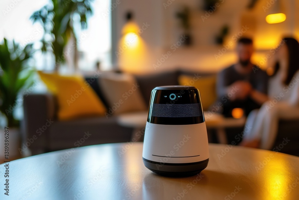 Poster robot assistant enhances daily interactions in a cozy living room with family members and soft ambie