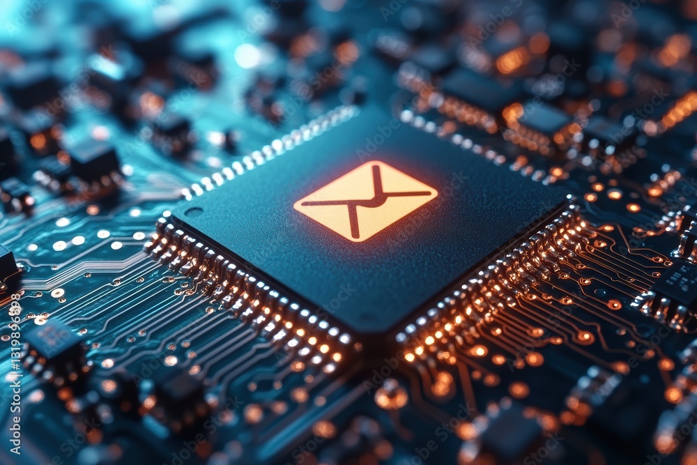 Poster graphic layout for computer advertising featuring a circuit board with a glowing icon