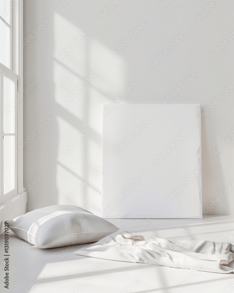 Poster minimalist white room with a large blank canvas. a pillow. and a folded blanket on the floor natural