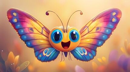 Funny cartoon butterfly with a surprised face and colorful wings on a soft background
