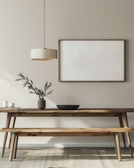 Minimalist dining room interior with wooden table and bench. a hanging lamp. a vase with branches. and a blank frame on the wall
