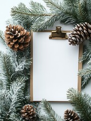 Holiday Clipboard Mockup with Pine Cones and Snow-dusted Evergreen Branches