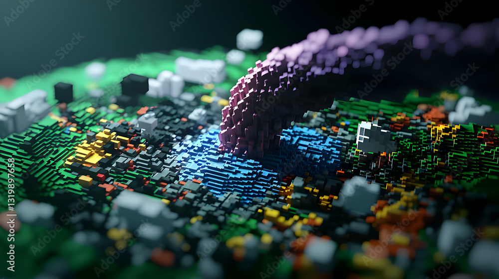 Poster abstract voxel landscape illustration with pixelated texture and colorful geometric structures