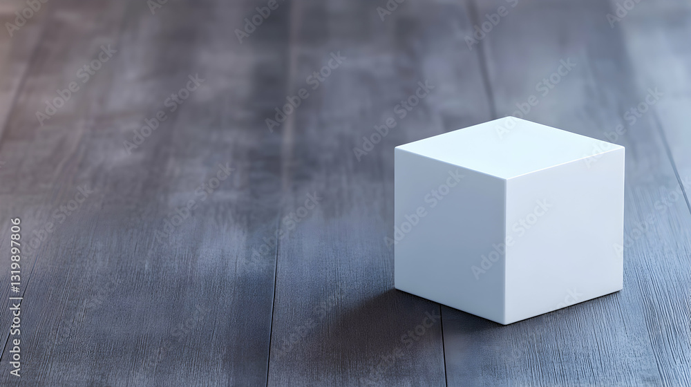 Poster a minimalistic white cube placed on a dark wooden surface, emphasizing simplicity and elegance. idea