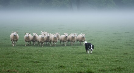 Border Collie Herding Sheep in a Misty Meadow