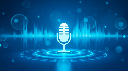 A Futuristic Microphone Symbol At The Center Of A Vibrant, Pulsating Soundscape, Bathed In Cool Blue Light, Representing The Power Of Voice And Digital Audio