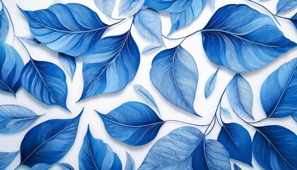 blue leaves pattern on white vibrant blue foliage scattered against a clean white backdrop ideal for textiles or digital designs