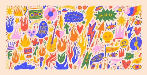 Punk and rock style crayon drawn shapes and stickers. Collection of graffiti doodle music figures. Hand drawn fire, lightning, speech bubbles, rock and roll doodles. Y2k sketch with grunge texture.