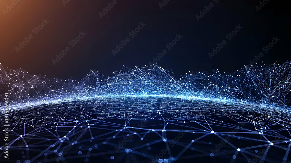 Poster abstract blue network structure with connected dots and lines representing digital data flow against