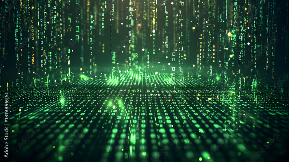 Poster digital rain of green binary code falling on a grid in a dark cyberspace with glowing particles and 
