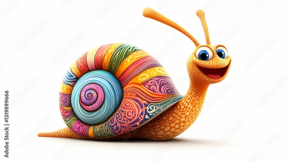 Poster happy cartoon snail with colorful shell patterns and a playful grin on a white background