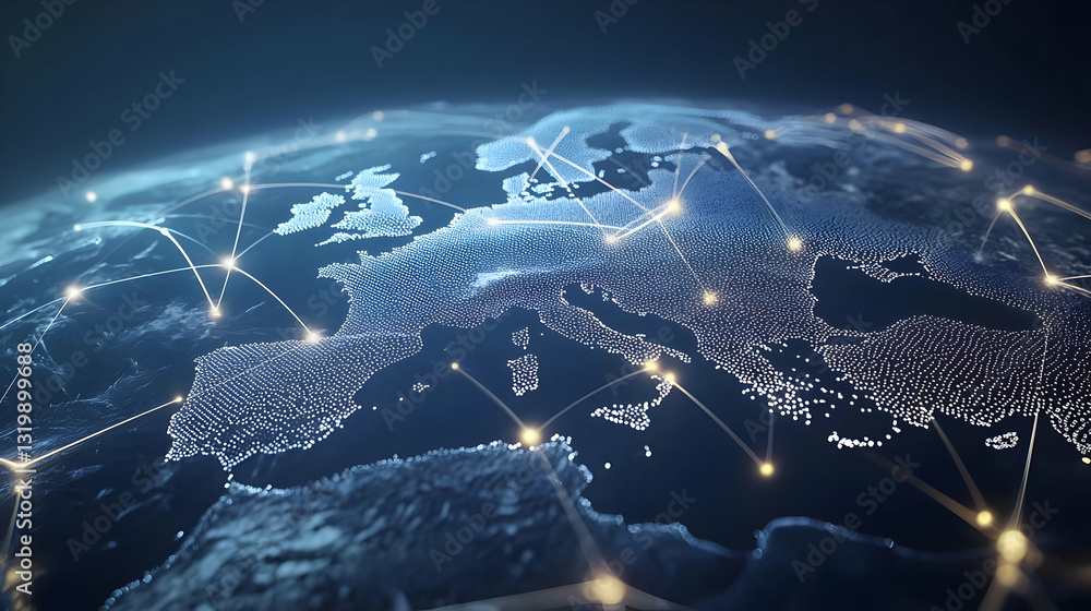 Poster global network and data exchange across europe with interconnected nodes on a dark blue 3d rendered 