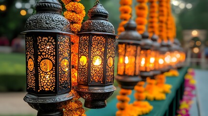 Illuminated Metal Lanterns with Orange Flower Garlands